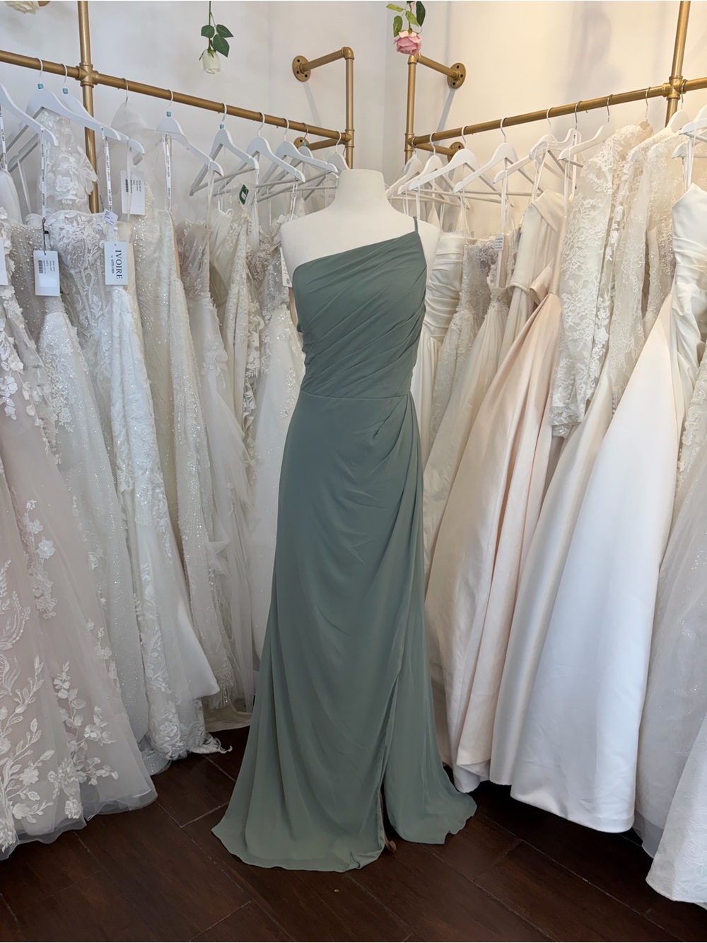 Mori Lee One-Shoulder Sage Green Bridesmaid Gown